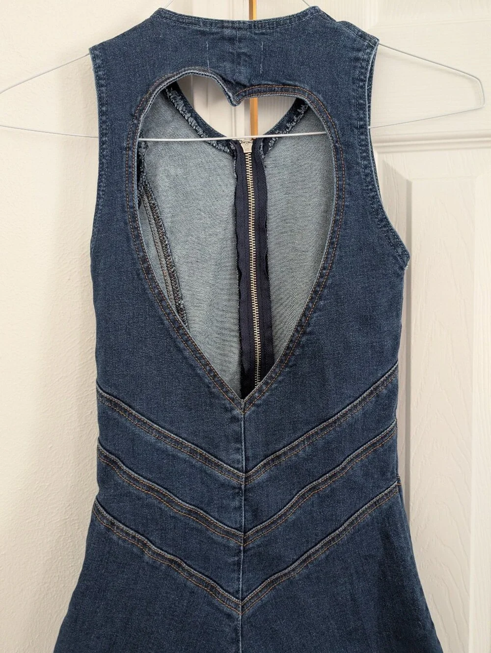 Revice Hollywood Heartthrob Denim Jumpsuit Heart Cutout Zip Front Flare Jeans